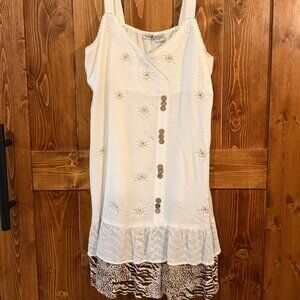 Raya Sun Boho Tank Dress w/ Gold Floral Accents & Peek‑a‑Boo Hem Size Large